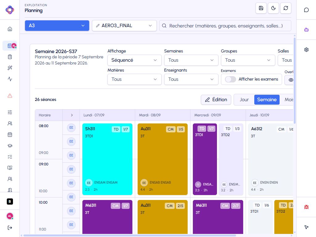 Planning hebdomadaire dans l’application Opplana, semaine du 7 septembre 2026