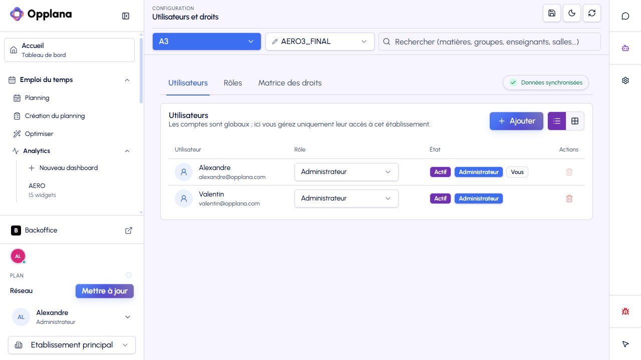 Gestion des utilisateurs et des droits dans Opplana