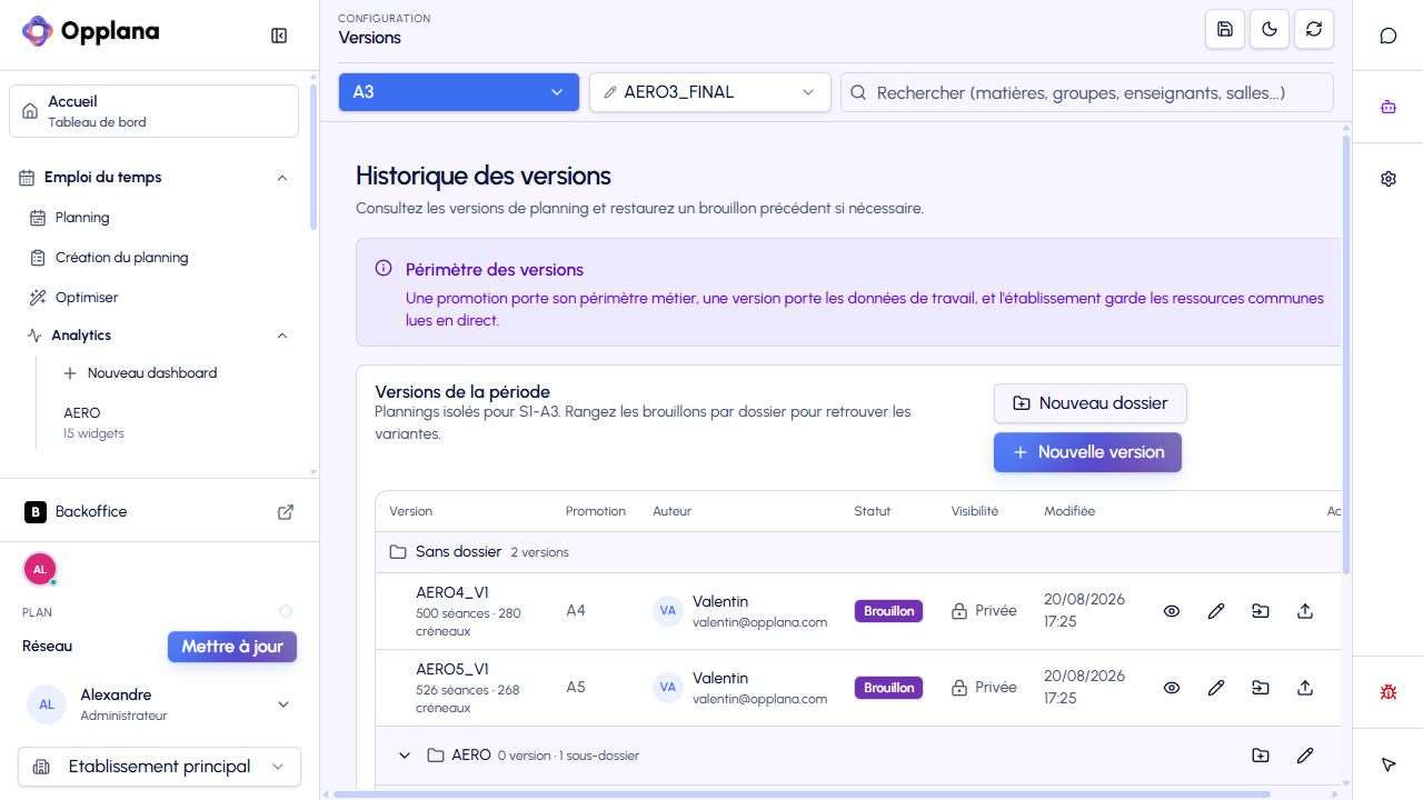 Historique des versions de planning dans Opplana